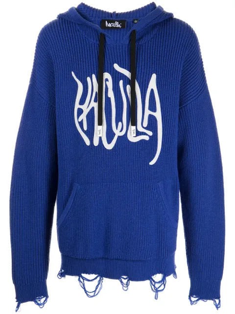 Haculla logo-print distressed knitted hoodie Blue HA08BBSKH01