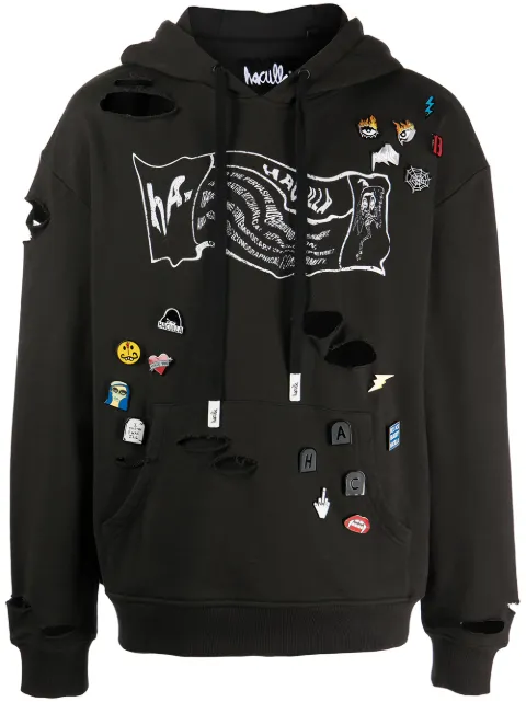 Haculla distressed pin-detailed hoodie Black HA08BBKH05