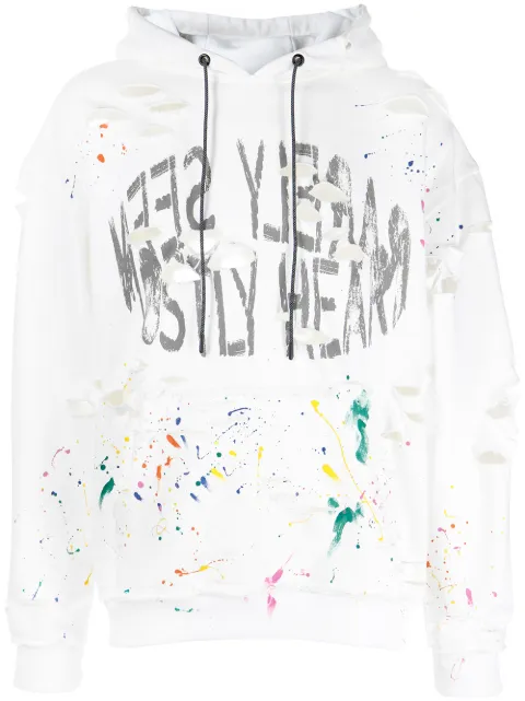 Mostly Heard Rarely Seen distressed paint-splattered hoodie White MH08BBKH06