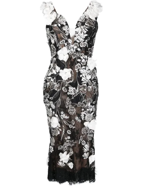 Marchesa floral-appliqué midi dress Black M35909