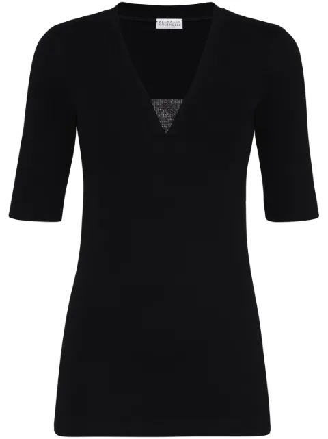 Brunello Cucinelli stretch cotton ribbed jersey top with precious insert Black M0TC8EL692C101