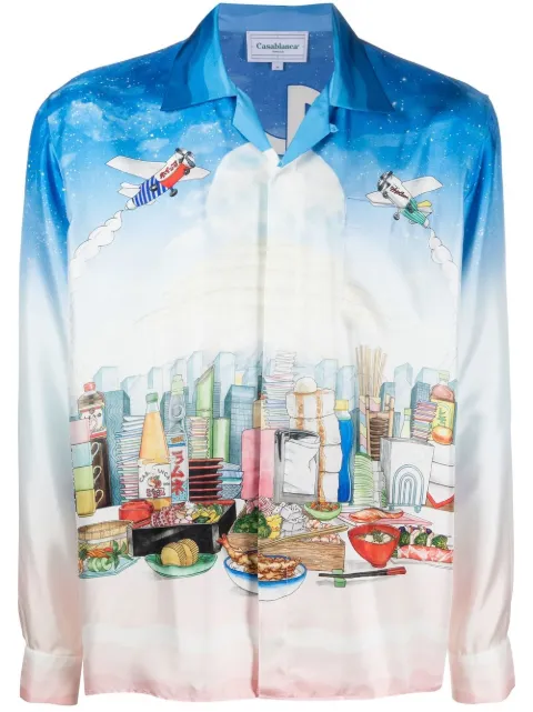Casablanca Casa Cafe landscape-print silk shirt Blue MS22SH006