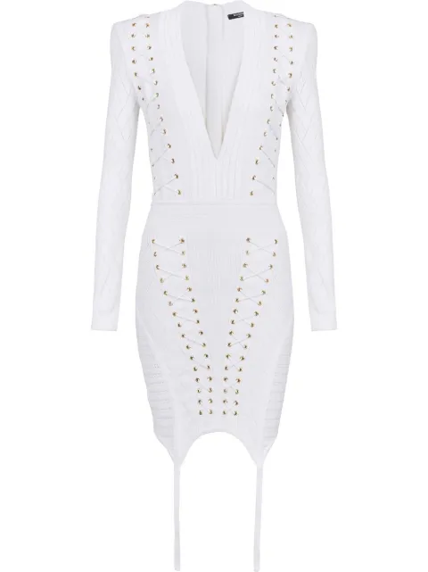 Balmain lace-up detail knitted dress White YF1R8519KC28