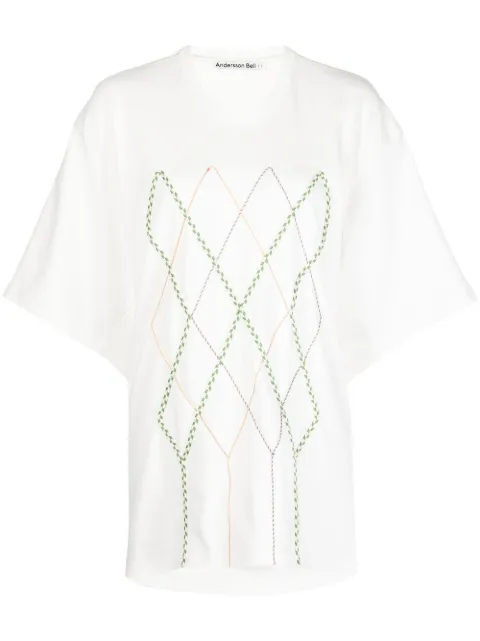 Andersson Bell Argyle String Embroidery Oversize T-shirt White PS22ATB705W