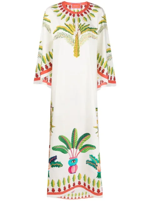 La DoubleJ Flying palm tree-print poplin kaftan dress White DRE0347COT015PLM0002