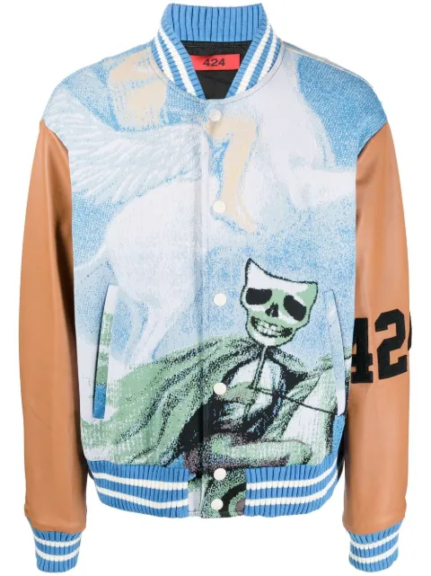 424 jacquard-print leather-sleeve bomber jacket Blue 32424H02MX226021
