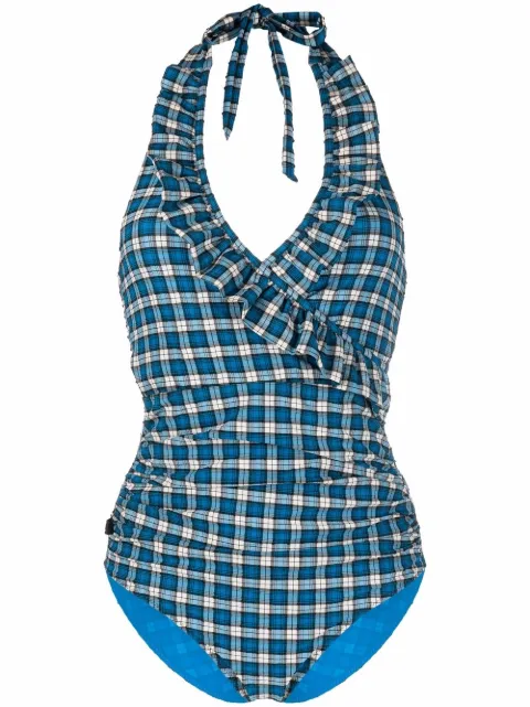GANNI plaid-check print swimsuit Blue A4106