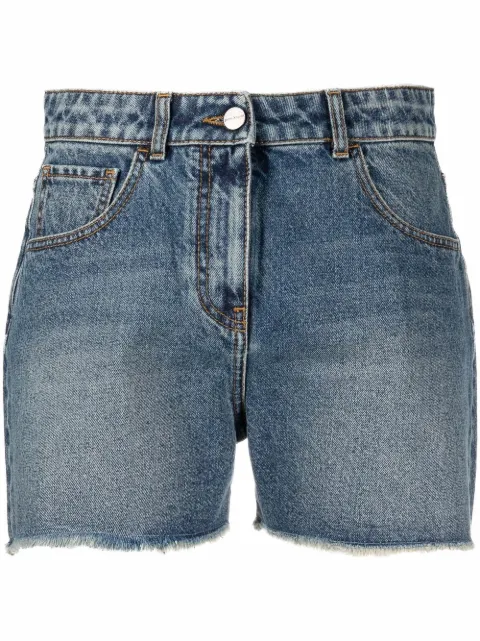Palm Angels palm tree-embroidered frayed denim shorts Blue PWYC008S22DEN0024645
