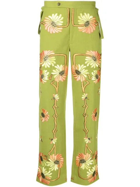 BODE Victorian floral-embroidered trousers Green MR24PA01W004