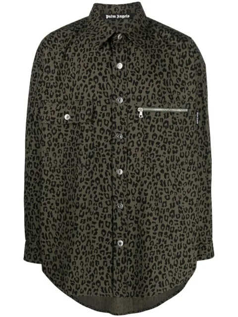 Palm Angels leopard-print cotton shirt Green PMGA109S22FAB0021001