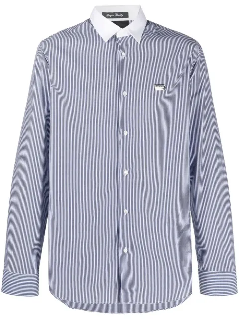 Philipp Plein logo-print striped cotton shirt Blue PABCMRP1712PTE003N
