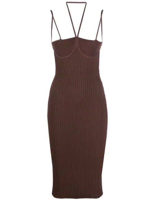 ANDREĀDAMO halterneck fitted dress Brown ADSS22DR09031477