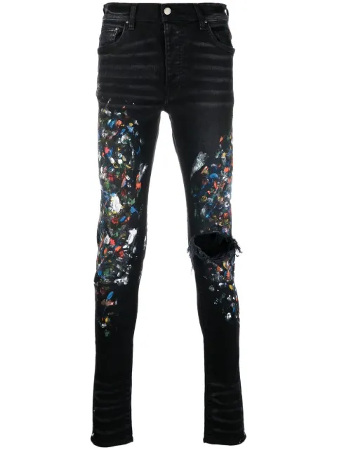 AMIRI paint print distressed skinny jeans Black MDS202