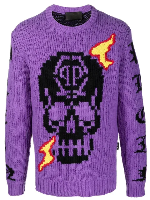 Philipp Plein Skull logo embroidered jumper Purple FABCMKO1146PKN002N