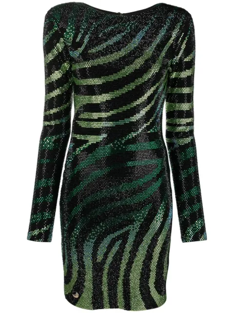 Philipp Plein crystal-embellished zebra-print dress Black FABCWRG2281PTE003N