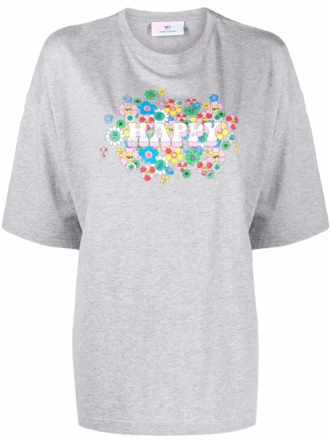 Chiara Ferragni Happy print short-sleeve T-shirt Grey 72CBHF02CJF03806