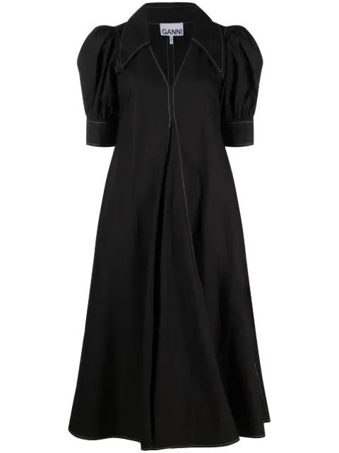 GANNI puff-sleeved box-pleat dress Black F7127