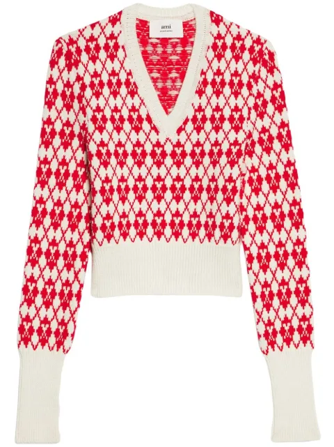 AMI Paris Ami de Coeur argyle jumper Red FKS230030