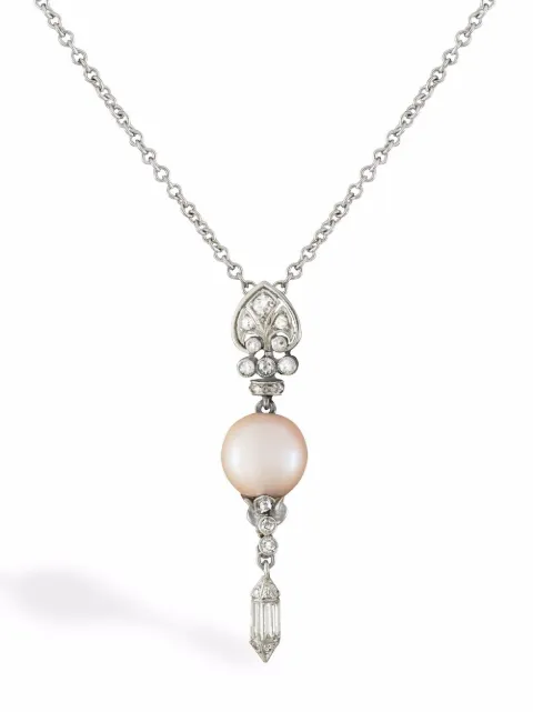 Pragnell Vintage platinum Edwardian pearl and diamond pendant necklace Silver 1554093