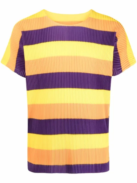 Issey Miyake Pre-Owned 2000s plissé-effect striped T-shirt Yellow HOLAMIY116