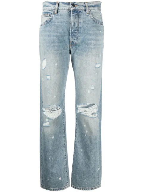 AMIRI paint-splatter ripped-detail straight jeans Blue PF22WDF004484