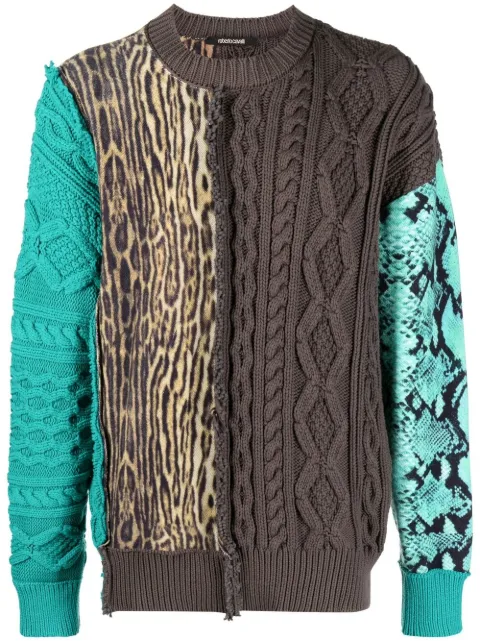 Roberto Cavalli patchwork-detail crew neck jumper Blue PRM610MZ100