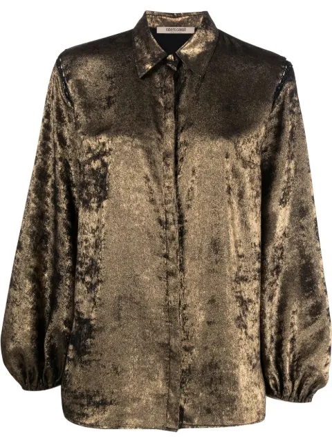 Roberto Cavalli metallic-effect balloon sleeve shirt Brown PQT700FC005