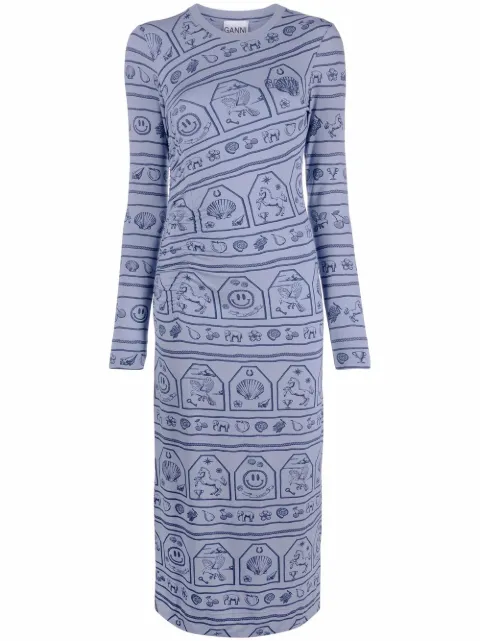 GANNI zodiac logo-print stretch-jersey dress Blue T3070