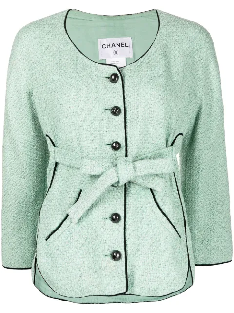 CHANEL Pre-Owned tweed single-breasted belted jacket Green CSIP1221CHAJA