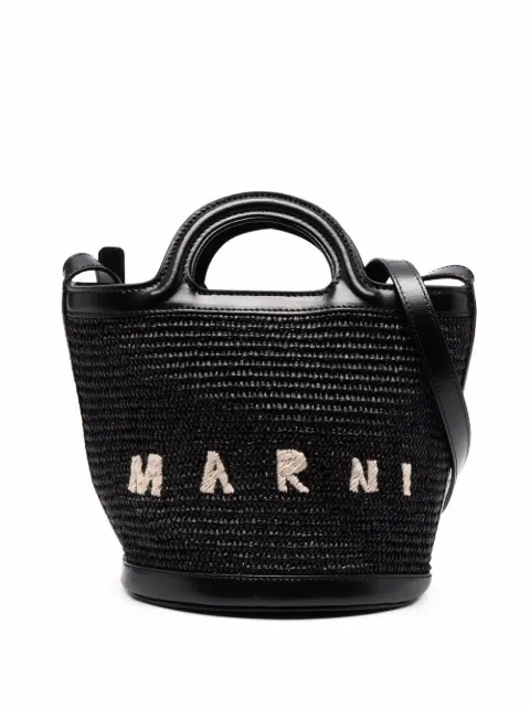 Marni Tropicalia small bucket bag in leather and raffia-effect fabric Black SCMP0056Q1P3860
