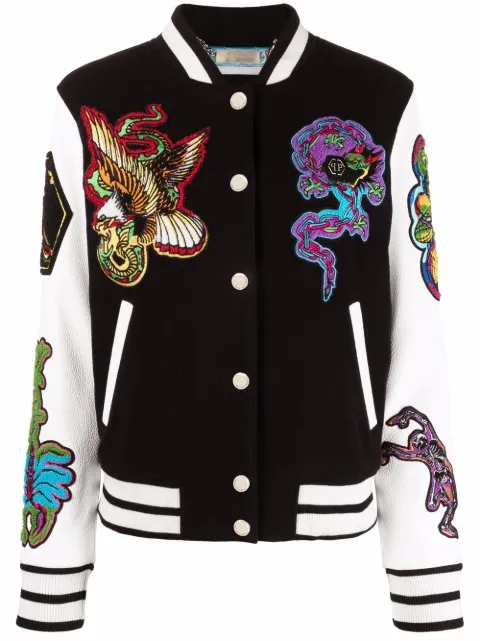 Philipp Plein embroidered-patches colour-block varsity jacket Black SABCWLB0942PTE120N