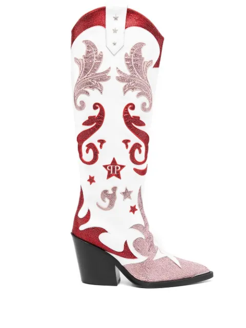 Philipp Plein Cowboy 100mm rhinestone-mebellihsed boots White PABSWSE0613PLE010N