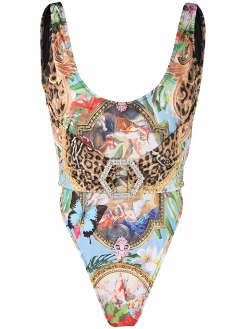 Philipp Plein graphic-print belted swimsuit Brown PABCWMX0217PTE003N