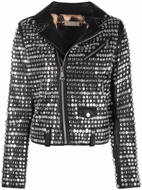 Philipp Plein crystal-embellished leather jacket Black PABCWLB0922PLE010N