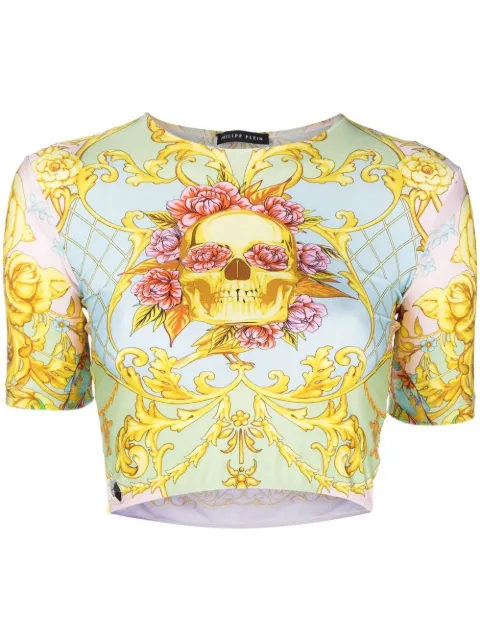 Philipp Plein baroque-print crop-top Green PABCWRK0378PJY002N