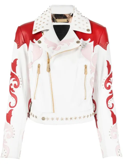 Philipp Plein cowboy intarsia leather jacket White PABCWLB0937PLE010N