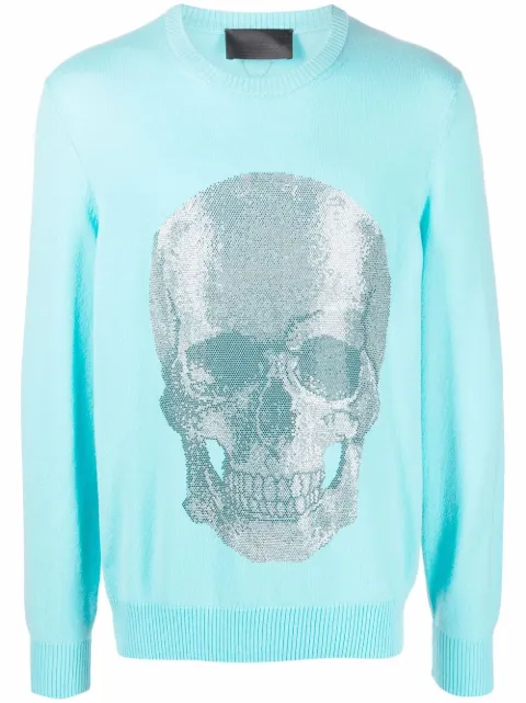Philipp Plein Skull print crewneck sweater Blue PABCMKO1123PKN002N