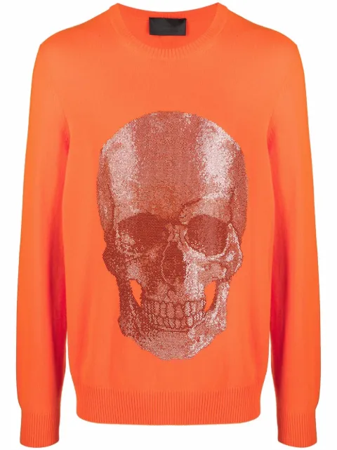 Philipp Plein Skull print crewneck sweater Orange PABCMKO1123PKN002N