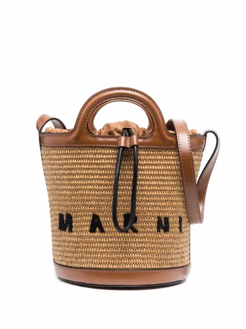 Marni Tropicalia small bucket bag in leather and raffia-effect fabric Brown SCMP0056Q1P3860