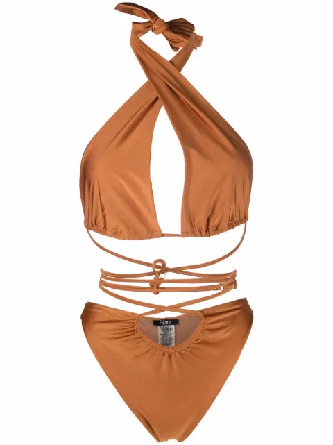 Noire Swimwear lattice-strap halterneck swimsuit Neutrals NSW256