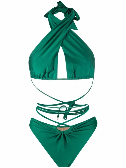 Noire Swimwear lattice-strap halterneck swimsuit Green NSW260