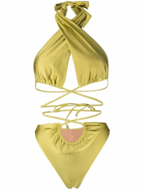 Noire Swimwear lattice-strap halterneck swimsuit Yellow NSW261