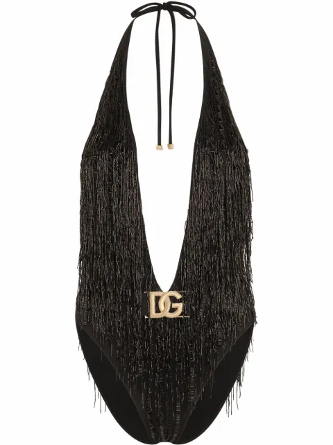 Dolce & Gabbana logo-tag fringed swimsuit Black O9B70JONL74