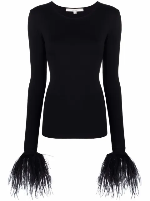 MANURÍ Elektra feather-trim stretch blouse Black MRFW920944
