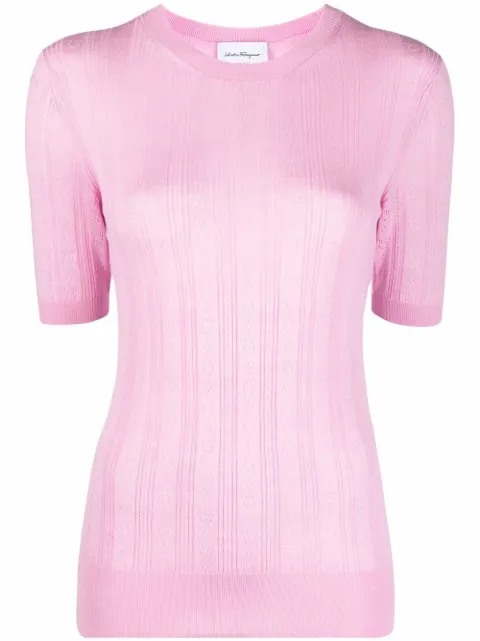 Ferragamo Gancini-pattern short-sleeve knitted top Pink 751543