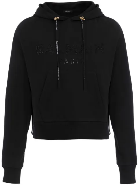 Balmain rhinestone cotton hoodie Black WF0JP000B093