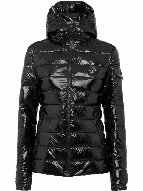 Philipp Plein high-shine hooded down jacket Black FAACWRB1071PNY002N