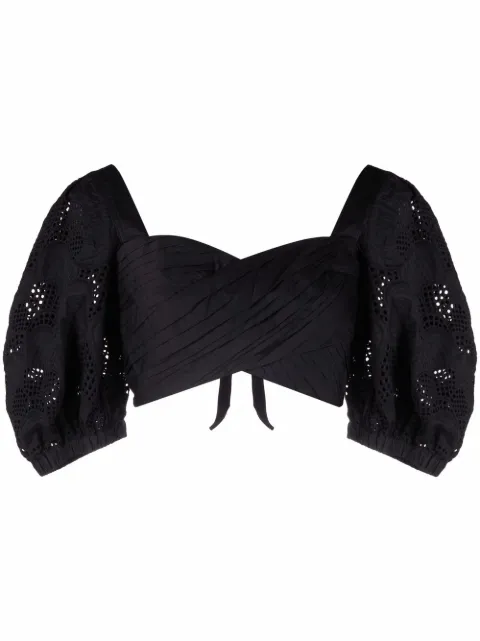 Self-Portrait lace puff-sleeves crossover cropped top Black RS22147B