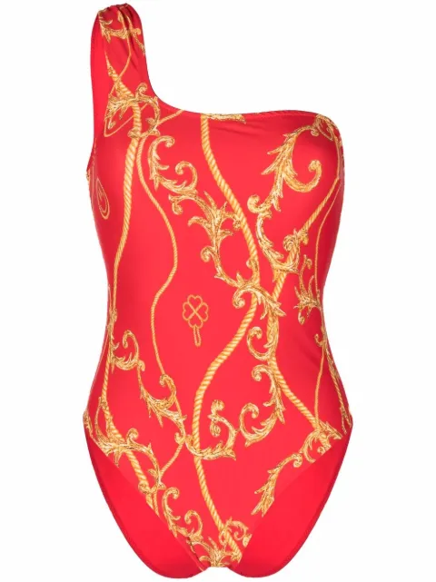 GANNI baroque-print one-shoulder swimsuit Red A3789