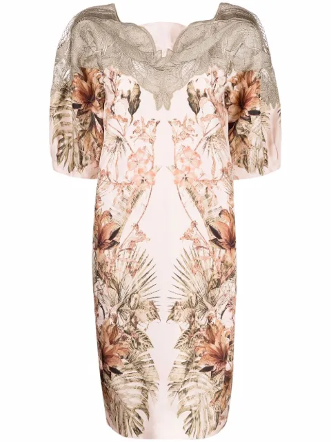 Alberta Ferretti macramé detailing floral-print shift dress Neutrals AEF221U04481631